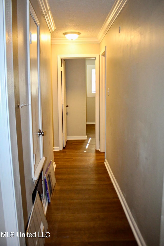 corridor with ornamental molding and dark hardwood / wood-style flooring