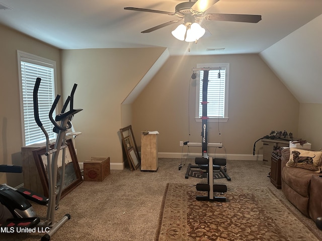 6819 Hawks Vw, Olive Branch, MS 38654 - exercise room featuring ceiling fan, carpet floors, vaulted ceiling, and baseboards