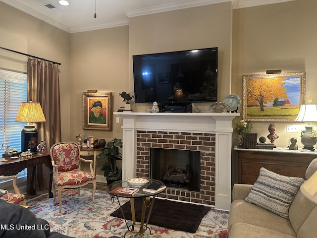 6819 Hawks Vw, Olive Branch, MS 38654 - living area with a brick fireplace and crown molding