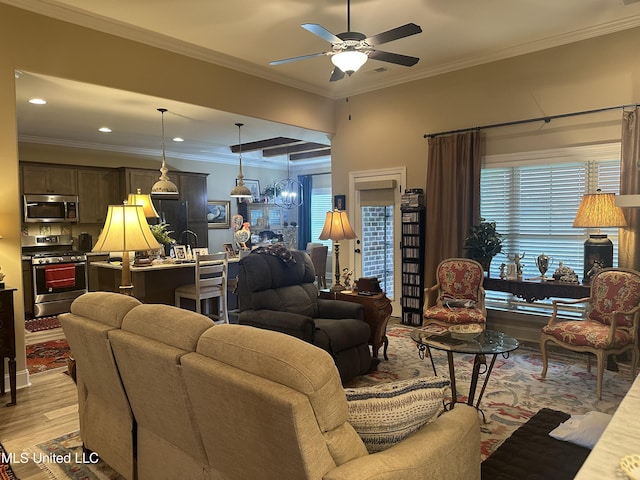 6819 Hawks Vw, Olive Branch, MS 38654 - living area featuring light wood-style floors, a ceiling fan, recessed lighting, and crown molding