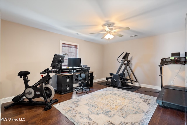 exercise room featuring visible vents, baseboards, dark wood-style floors, and a ceiling fan