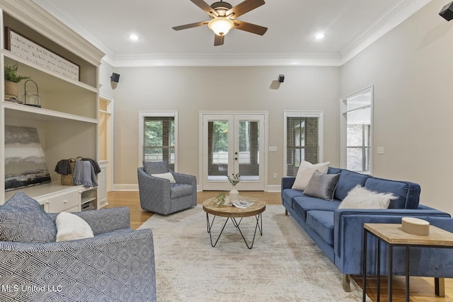 191 N Brandon Blvd, Brandon, MS 39042 - living area featuring wood finished floors, crown molding, ceiling fan, french doors, and recessed lighting