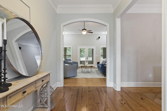 191 N Brandon Blvd, Brandon, MS 39042 - foyer with ceiling fan, arched walkways, ornamental molding, and dark wood finished floors