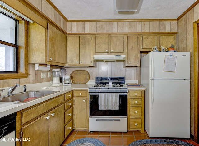 121 Belle Island Dr, Vicksburg, MS 39183 - kitchen featuring a sink, gas range oven, light countertops, freestanding refrigerator, and under cabinet range hood