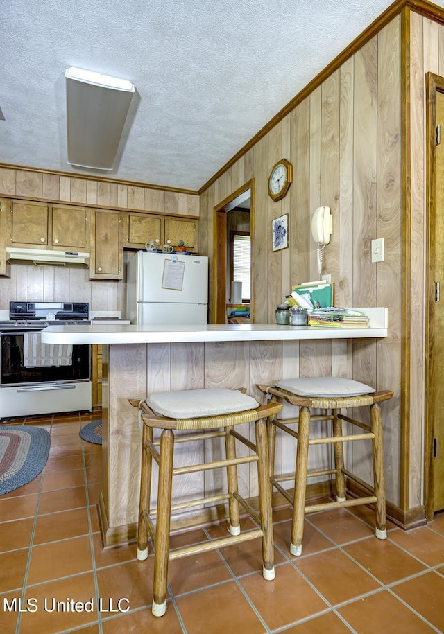 121 Belle Island Dr, Vicksburg, MS 39183 - kitchen featuring under cabinet range hood, range with electric cooktop, wooden walls, ornamental molding, and freestanding refrigerator