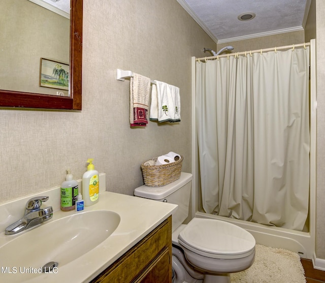 bathroom with a textured ceiling, toilet, walk in shower, vanity, and ornamental molding