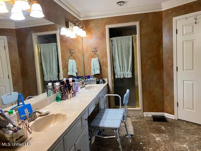 bathroom featuring vanity, ornamental molding, and a textured ceiling