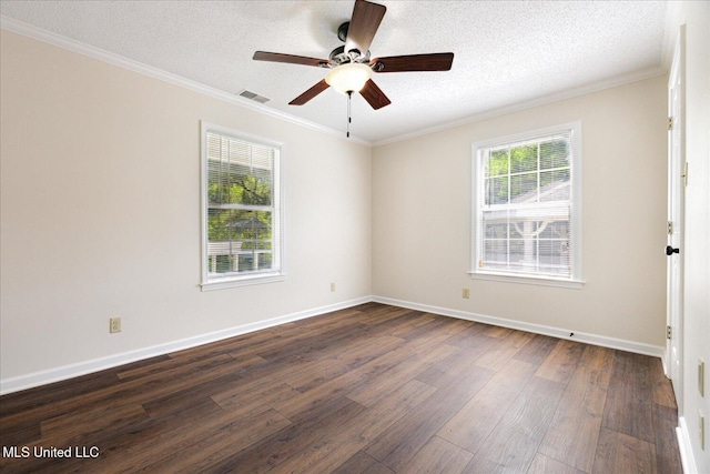 2185 Plum Point Rd, Southaven, MS 38672 - unfurnished room featuring dark wood-style flooring, ceiling fan, a textured ceiling, ornamental molding, and baseboards