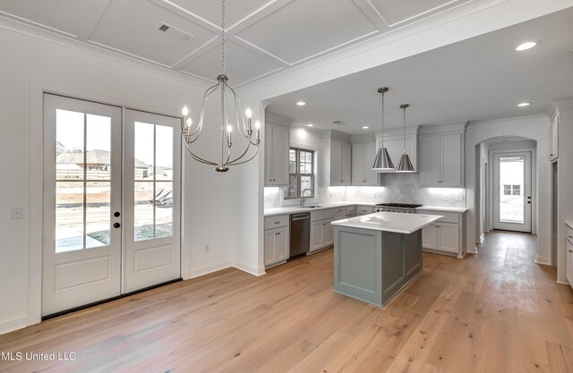 614 Cobalt Way, Brandon, MS 39042 - kitchen featuring pendant lighting, sink, coffered ceiling, a center island, and stainless steel dishwasher
