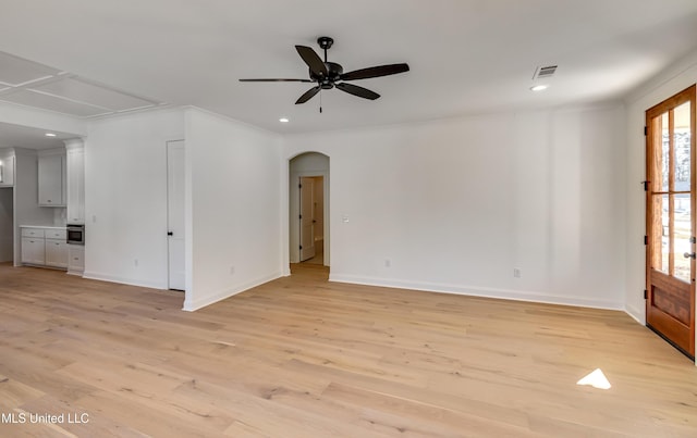 614 Cobalt Way, Brandon, MS 39042 - unfurnished living room with ceiling fan, crown molding, and light hardwood / wood-style floors