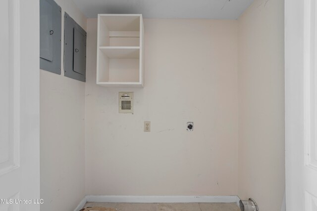 laundry room with hookup for an electric dryer, electric panel, and hookup for a washing machine