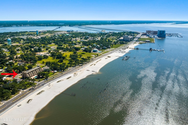 bird's eye view with a water view and a view of the beach