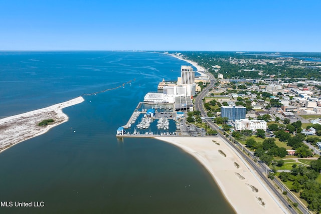 drone / aerial view with a water view and a beach view