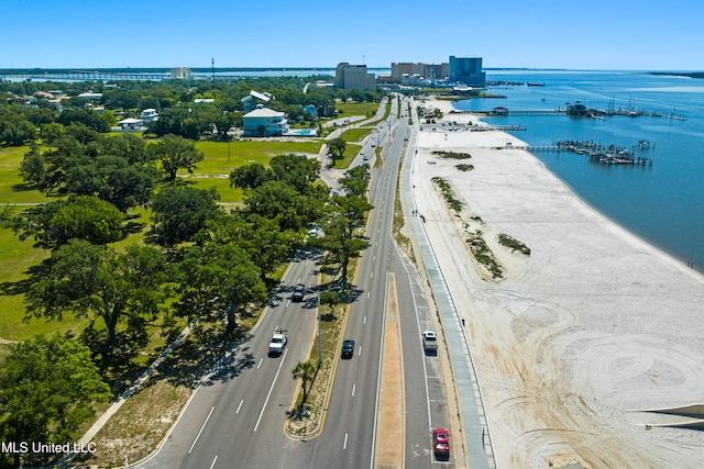 bird's eye view with a water view