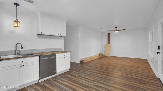9083 Old River Rd Lot 1, Petal, MS 39465 - kitchen with dishwasher, a sink, butcher block counters, a ceiling fan, and white cabinetry