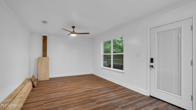 9083 Old River Rd Lot 1, Petal, MS 39465 - empty room featuring ornamental molding, dark wood-style flooring, a ceiling fan, and baseboards