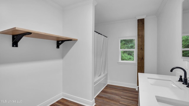 9083 Old River Rd Lot 1, Petal, MS 39465 - full bath featuring wood finished floors, plenty of natural light, baseboards, shower / bath combination with curtain, and ornamental molding