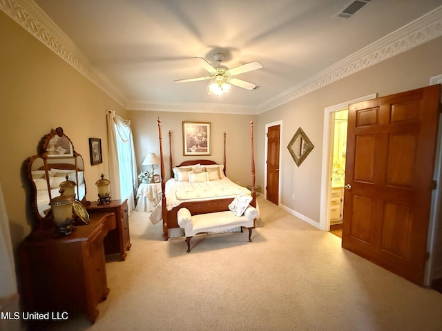 26 Woodgate Dr, Brandon, MS 39042 - carpeted bedroom with visible vents, baseboards, crown molding, and ceiling fan