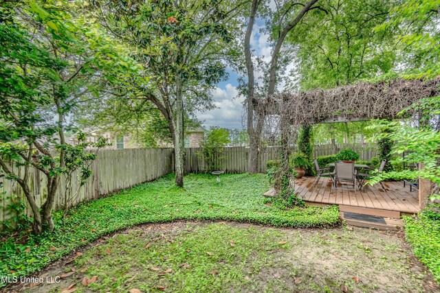 26 Woodgate Dr, Brandon, MS 39042 - view of yard with a deck, a fenced backyard, and outdoor dining space