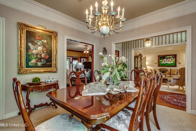 26 Woodgate Dr, Brandon, MS 39042 - dining space with carpet flooring, a notable chandelier, and ornamental molding