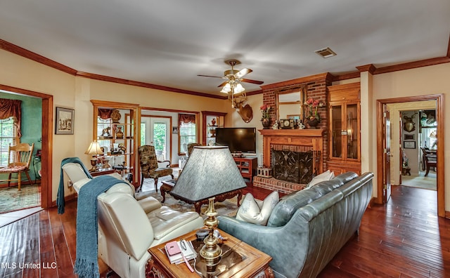 26 Woodgate Dr, Brandon, MS 39042 - living area featuring a ceiling fan, dark wood finished floors, and ornamental molding