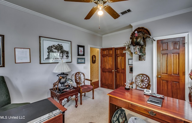 26 Woodgate Dr, Brandon, MS 39042 - office with visible vents, crown molding, ceiling fan, and light carpet