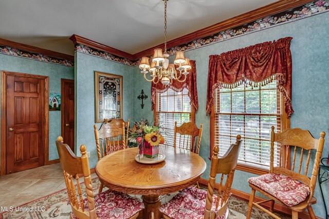 26 Woodgate Dr, Brandon, MS 39042 - dining room featuring wallpapered walls, a notable chandelier, ornamental molding, and a wealth of natural light