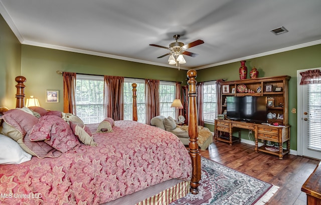 26 Woodgate Dr, Brandon, MS 39042 - bedroom featuring ceiling fan, ornamental molding, wood finished floors, and visible vents