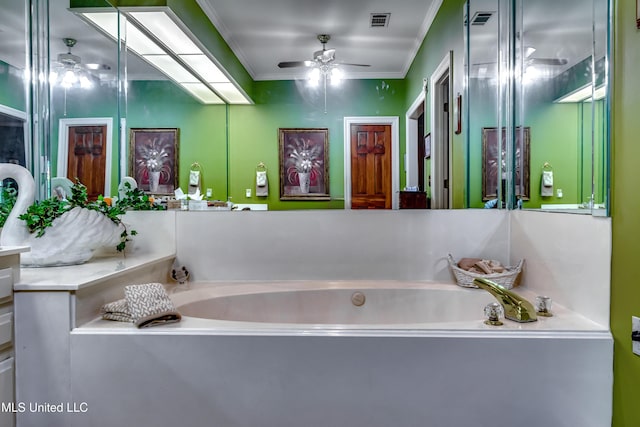 26 Woodgate Dr, Brandon, MS 39042 - full bath featuring ceiling fan, ornamental molding, a garden tub, and visible vents