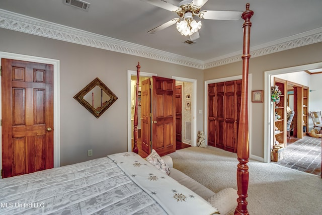 26 Woodgate Dr, Brandon, MS 39042 - carpeted bedroom featuring visible vents, ornamental molding, baseboards, and a ceiling fan