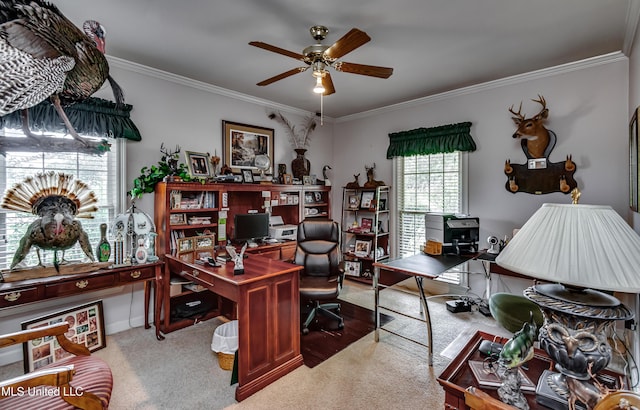 26 Woodgate Dr, Brandon, MS 39042 - office space featuring crown molding, a ceiling fan, and carpet