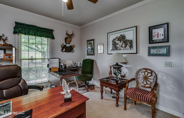 26 Woodgate Dr, Brandon, MS 39042 - home office featuring crown molding, ceiling fan, carpet floors, and baseboards