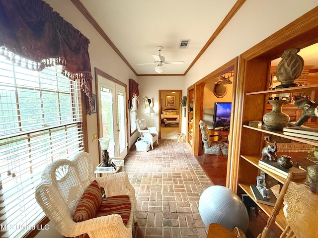 26 Woodgate Dr, Brandon, MS 39042 - interior space with ceiling fan, visible vents, ornamental molding, and brick floor