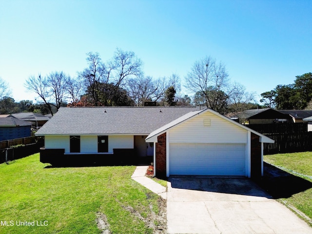 ranch-style home with a garage, concrete driveway, a front lawn, and fence