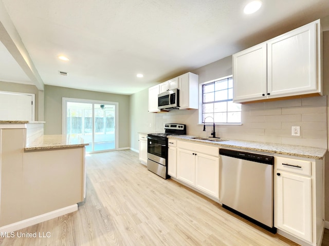 kitchen featuring light wood finished floors, a sink, white cabinets, appliances with stainless steel finishes, and backsplash