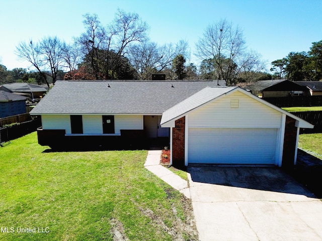 single story home with a front lawn, aphalt driveway, roof with shingles, an attached garage, and brick siding