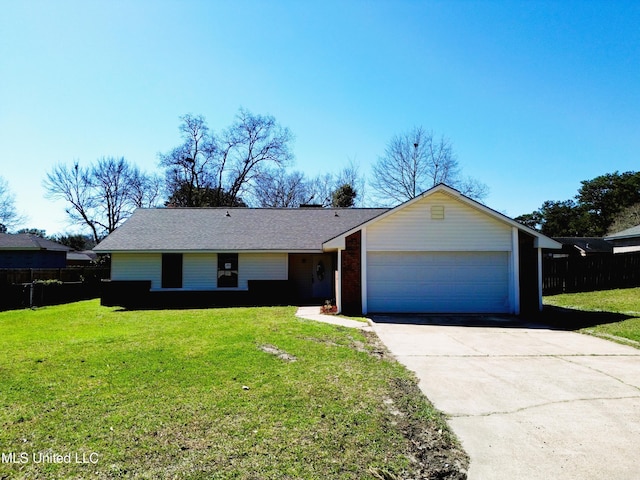 single story home with an attached garage, concrete driveway, a front yard, and fence