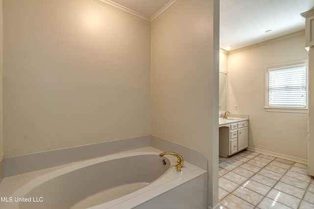 bathroom featuring vanity, a tub to relax in, ornamental molding, and tile patterned floors