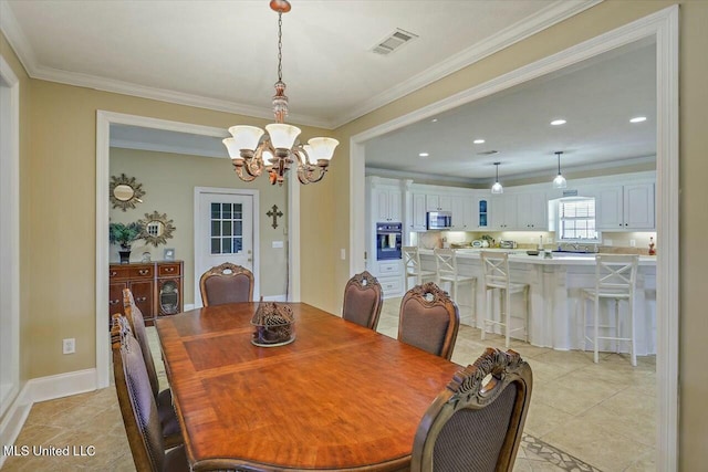 tiled dining space with ornamental molding and a notable chandelier