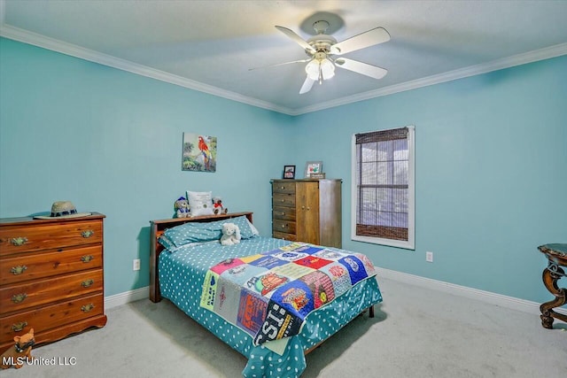 carpeted bedroom featuring ceiling fan and ornamental molding