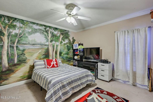 bedroom featuring ceiling fan, light colored carpet, and ornamental molding