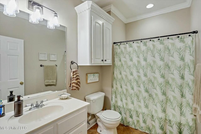 bathroom featuring tile patterned floors, walk in shower, ornamental molding, vanity, and toilet