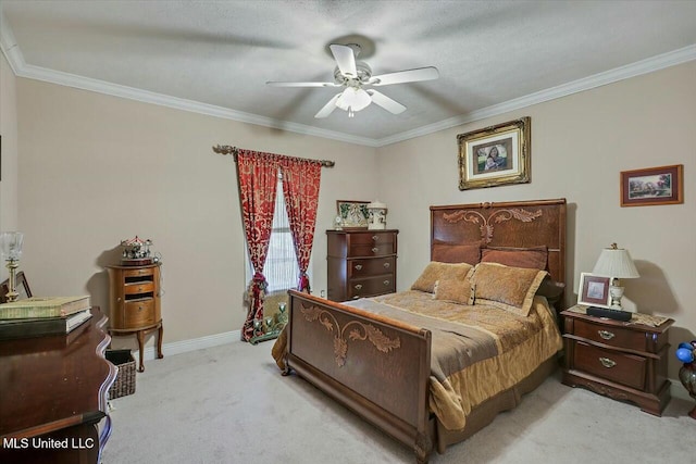 bedroom with light carpet, ceiling fan, and crown molding