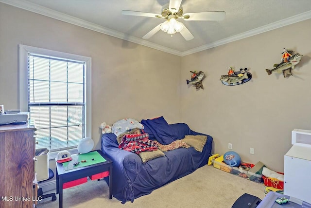 carpeted bedroom featuring multiple windows, ceiling fan, and ornamental molding