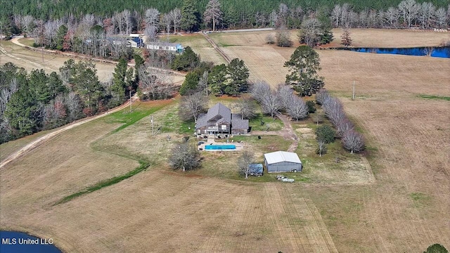 bird's eye view with a rural view and a water view