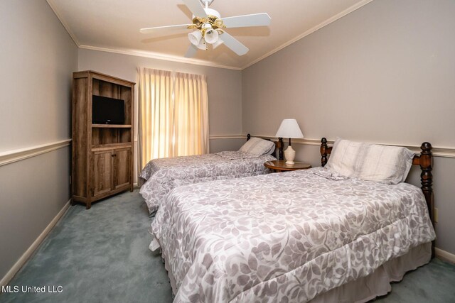 carpeted bedroom featuring baseboards, ornamental molding, and a ceiling fan