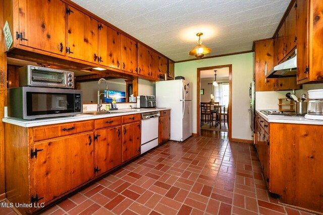 kitchen featuring white appliances, under cabinet range hood, a sink, and light countertops
