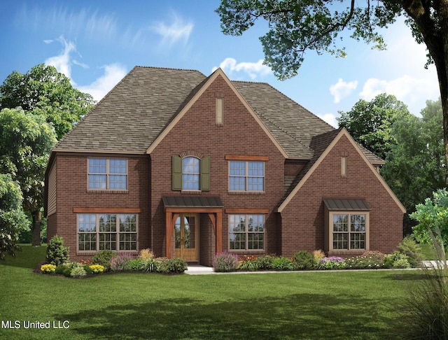view of front of home featuring french doors, brick siding, a front lawn, and roof with shingles