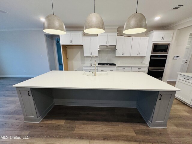 kitchen featuring a sink, crown molding, under cabinet range hood, backsplash, and white cabinets