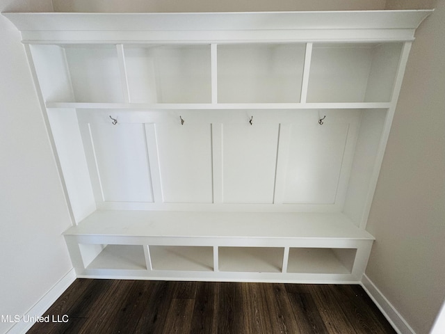 mudroom with baseboards and dark wood-type flooring